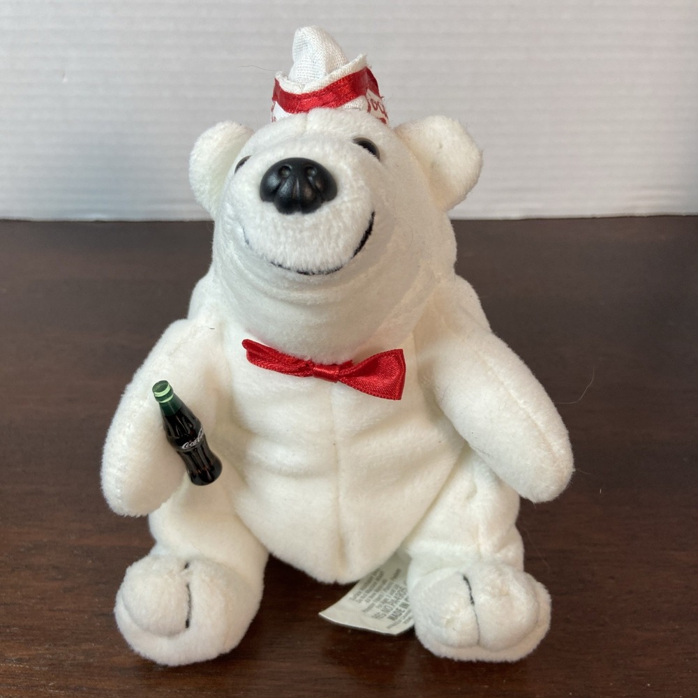 Vtg 1998 Coca-Cola Polar Bear Bean Bag Plush w/Diner Hat, Bow Tie & Coke Bottle